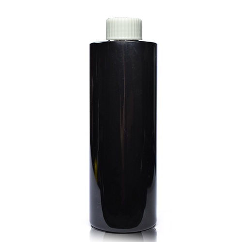 250ml Black glossy bottle with white screw cap